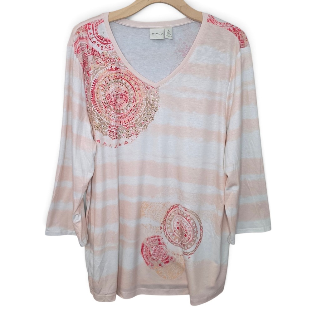 Chicos Top Womens Size 3 XL Zenergy Pink Peach Rhinestone Medallion Tee